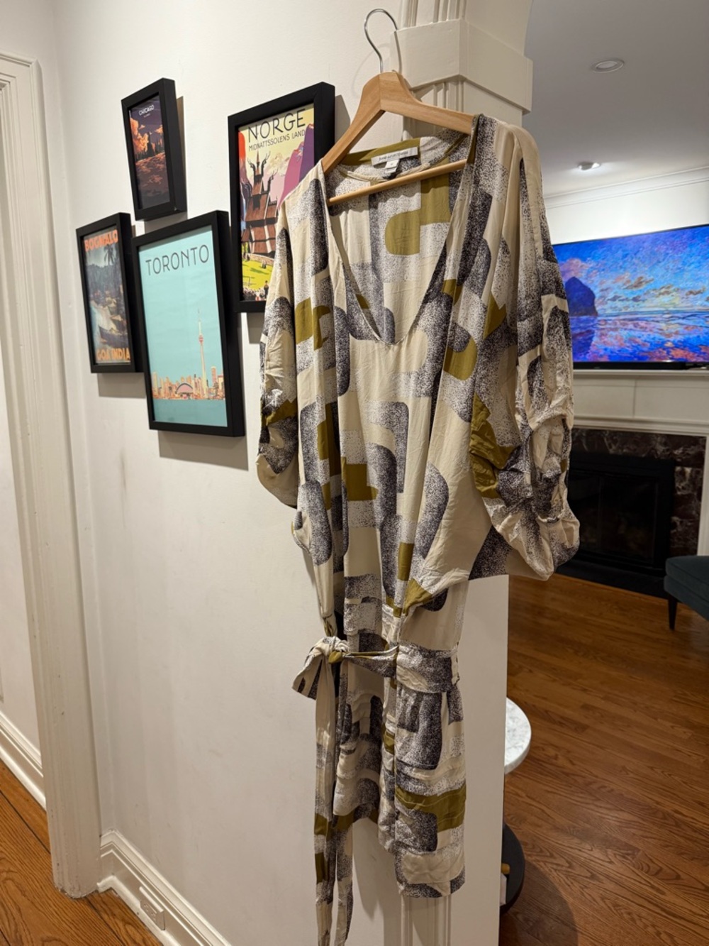 Diane Von Furstenberg Dress, Cream/Olive/Charcoal Abstract Print - 100% silk